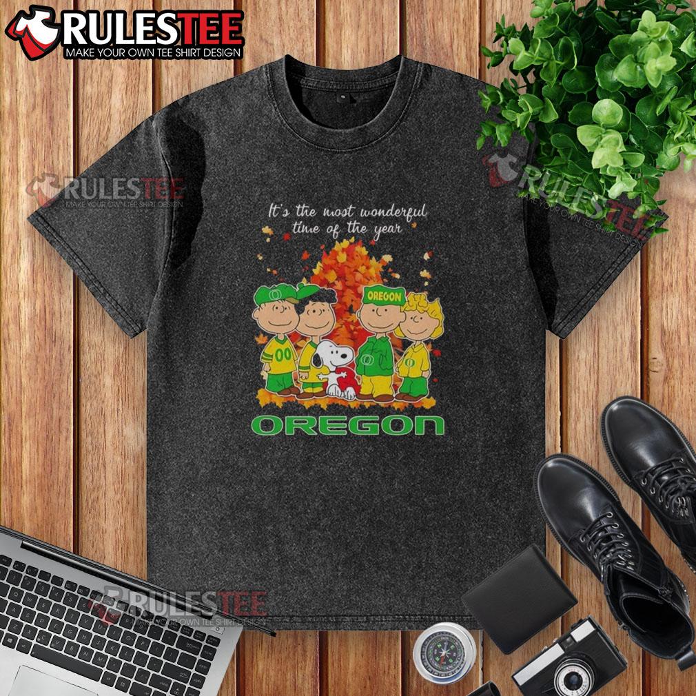 Alt Text: Awesome Peanuts character on Oregon Ducks t-shirt, celebrating the most wonderful time of the year in style.