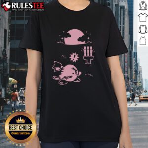 Alt Text: Cute pink Ninja Kirby samurai gamer ladies tee featuring a playful design perfect for gaming enthusiasts.