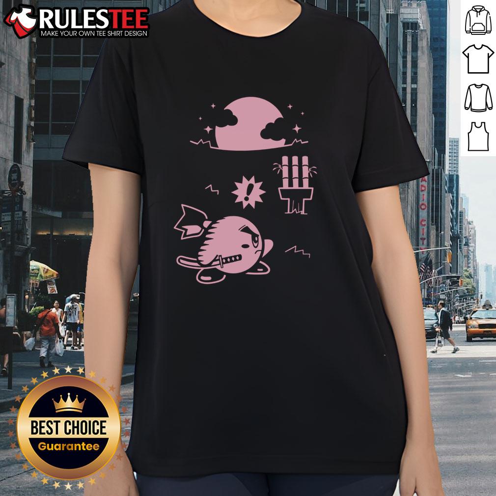 Alt Text: Cute pink Ninja Kirby samurai gamer ladies tee featuring a playful design perfect for gaming enthusiasts.