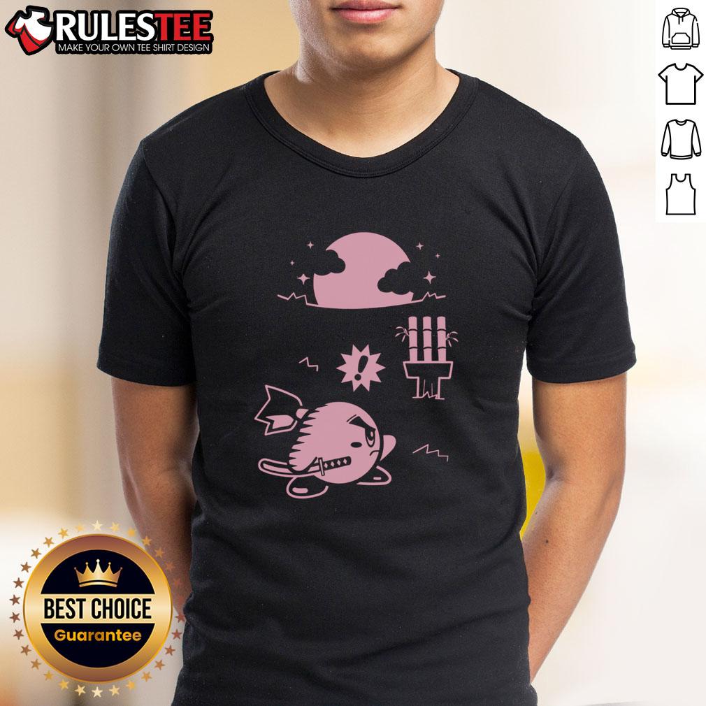 Cute Pink Ninja Kirby Samurai Gamer T-Shirt featuring a playful design of Kirby in a ninja outfit, perfect for gamers.