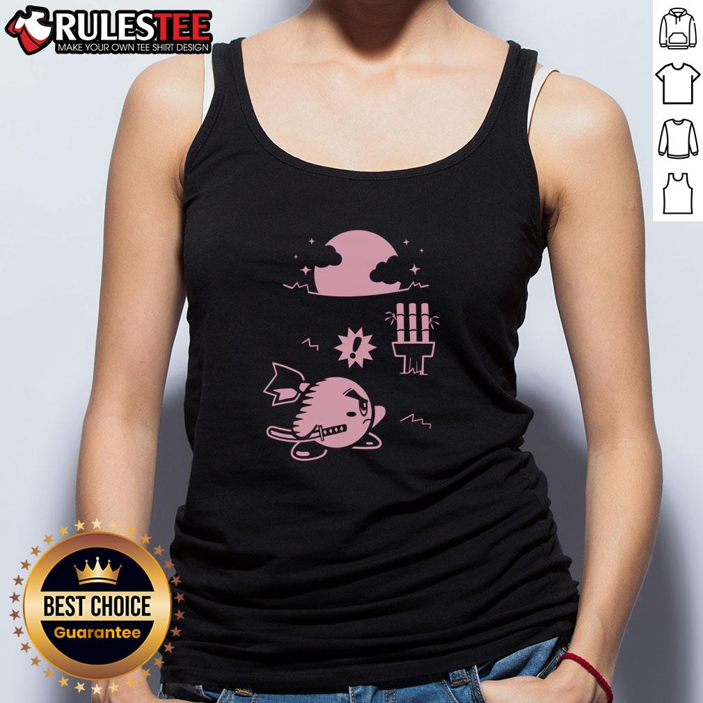 Alt Text: Cute pink Ninja Kirby in a samurai outfit on a gamer tank top, perfect for fans of gaming and anime fashion.