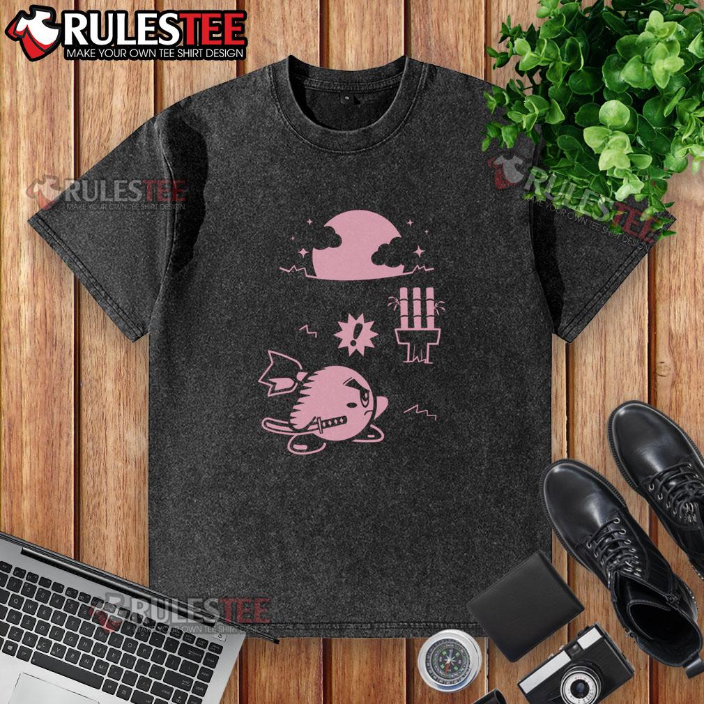 Alt Text: Cute pink Ninja Kirby samurai gamer washed t-shirt featuring vibrant graphics and a playful design for gaming fans.