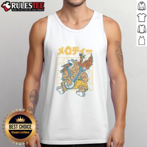 Alt Text: Funny bear playing banjo in a Japanese retro style on a tank top, perfect for animal melody lovers.