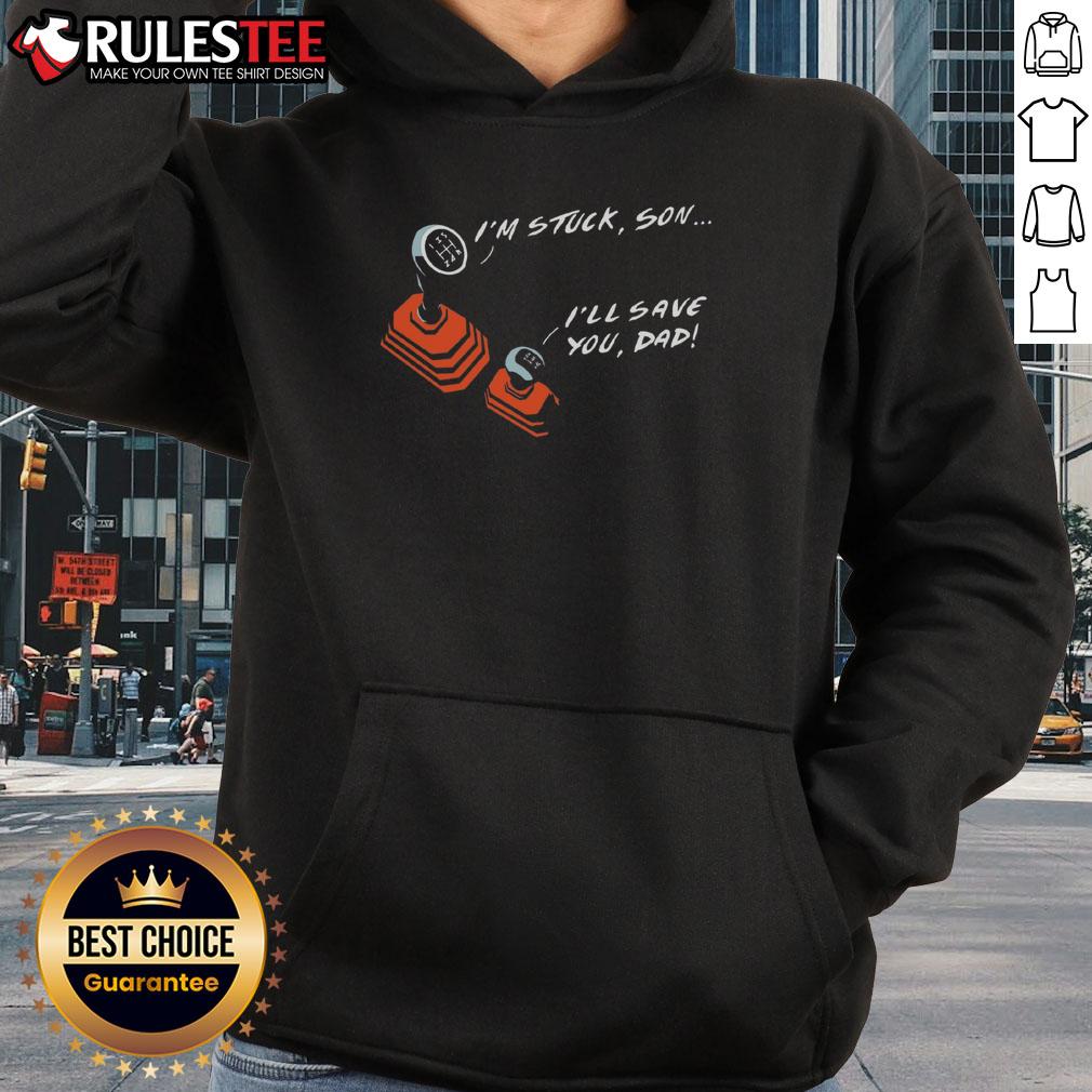 Funny manual transmission dad and son wearing gear hoodies, showcasing their love for driving and bonding through cars.