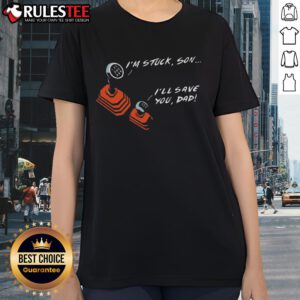Funny manual transmission dad and son gear graphic on a stylish ladies tee, perfect for car enthusiasts and family bonding.