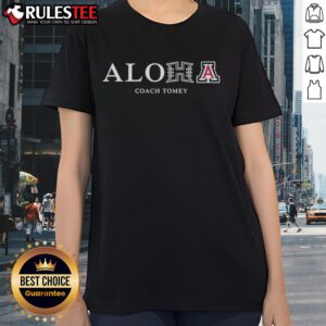 Good Aloha Coach Tomey Hawaii and Arizona Wildcats ladies tee showcasing vibrant team colors and logo design.