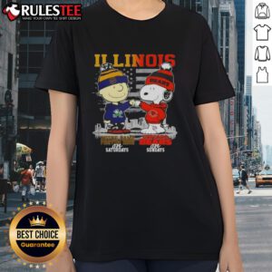 Happy Charlie Brown and Snoopy tee featuring Notre Dame Fighting Irish and Chicago Bears skyline design for ladies.
