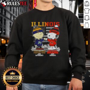 Happy Charlie Brown in Notre Dame gear, Snoopy with Chicago Bears, skyline sweatshirt for game day vibes.