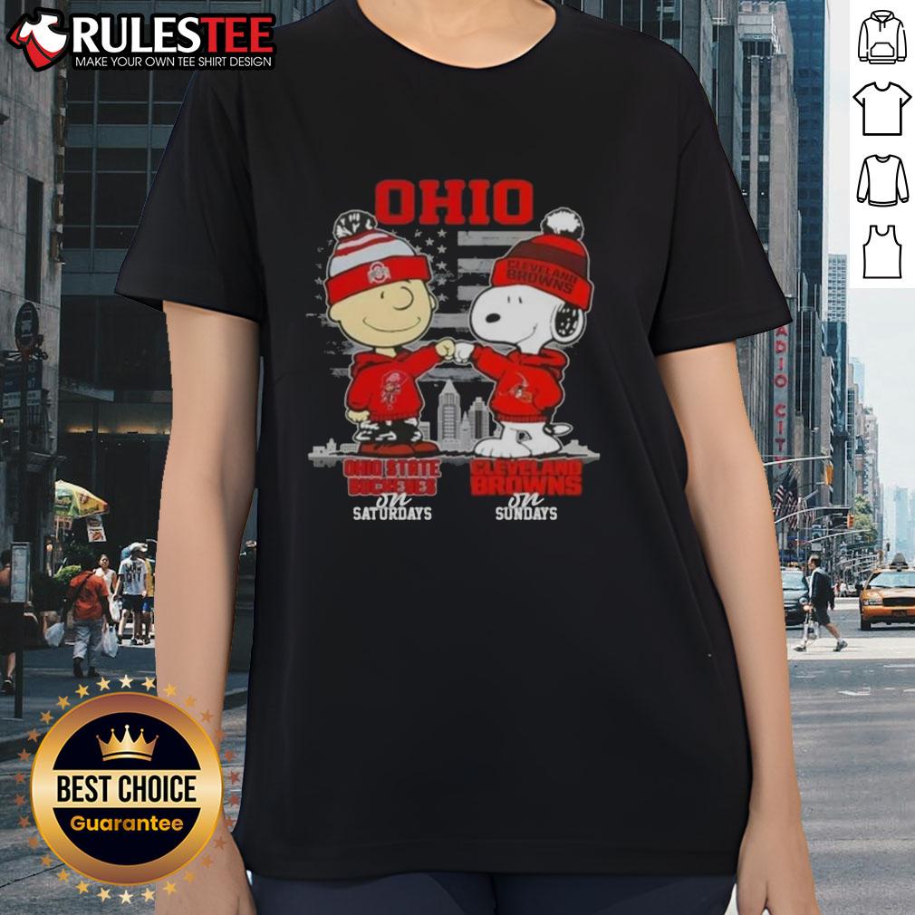 Happy Charlie Brown and Snoopy in Ohio State Buckeyes and Cleveland Browns gear on a Skyline Ladies Tee design.