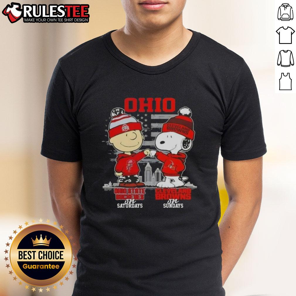 Happy Charlie Brown in Ohio State Buckeyes tee on Saturdays, Snoopy in Cleveland Browns shirt on Sundays, Skyline T-Shirt.