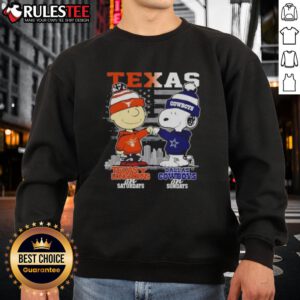 Happy Charlie Brown Texas Longhorns sweatshirt with Snoopy and Dallas Cowboys skyline, perfect for game day style.