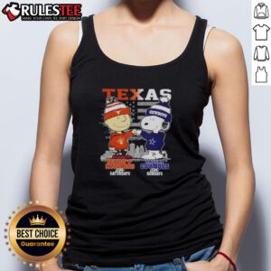 Happy Charlie Brown Texas Longhorns tank top featuring Snoopy with Dallas Cowboys skyline design for game day.