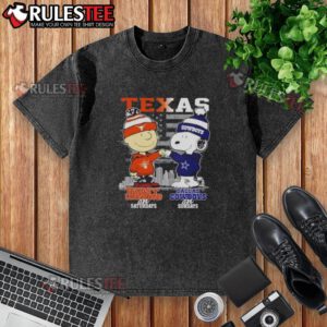 Alt Text: Happy Charlie Brown in Texas Longhorns t-shirt on Saturday, Snoopy in Dallas Cowboys shirt on Sunday, skyline background.