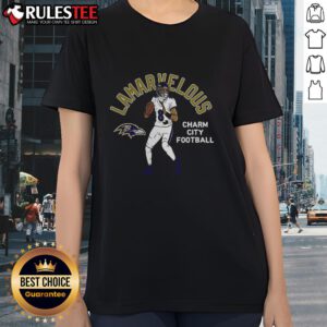 Stylish ladies tee featuring Lamar Jackson, Baltimore Ravens player illustration, perfect for fans and casual wear.