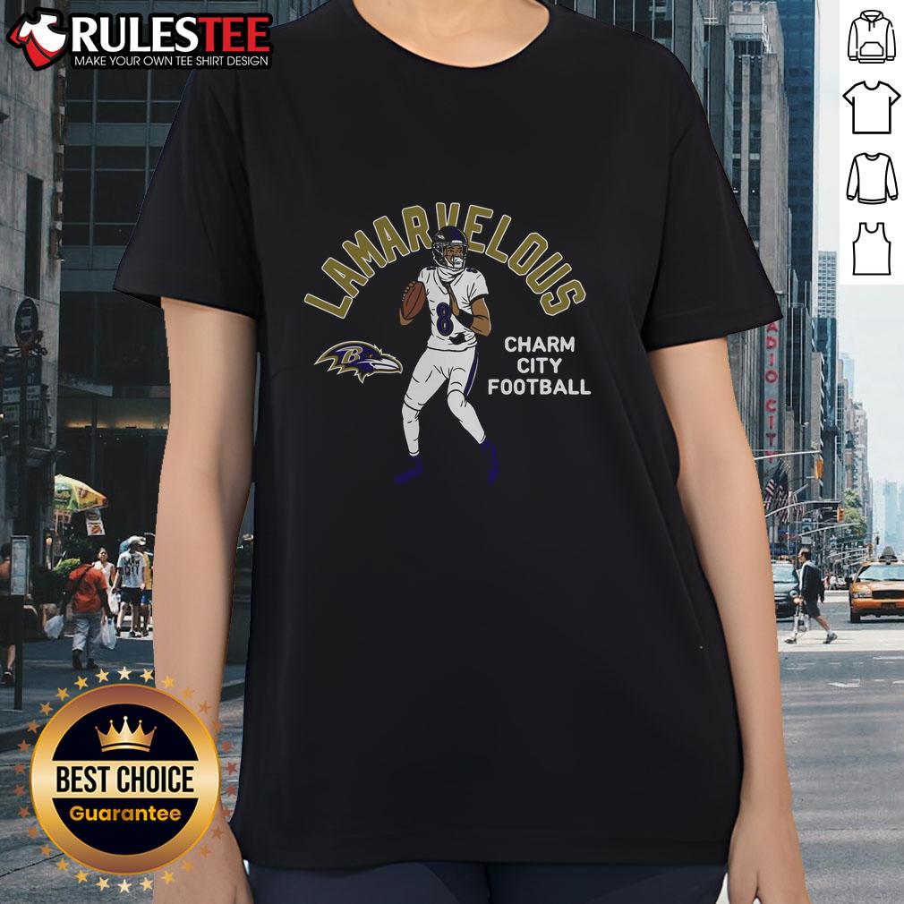 Stylish ladies tee featuring Lamar Jackson, Baltimore Ravens player illustration, perfect for fans and casual wear.