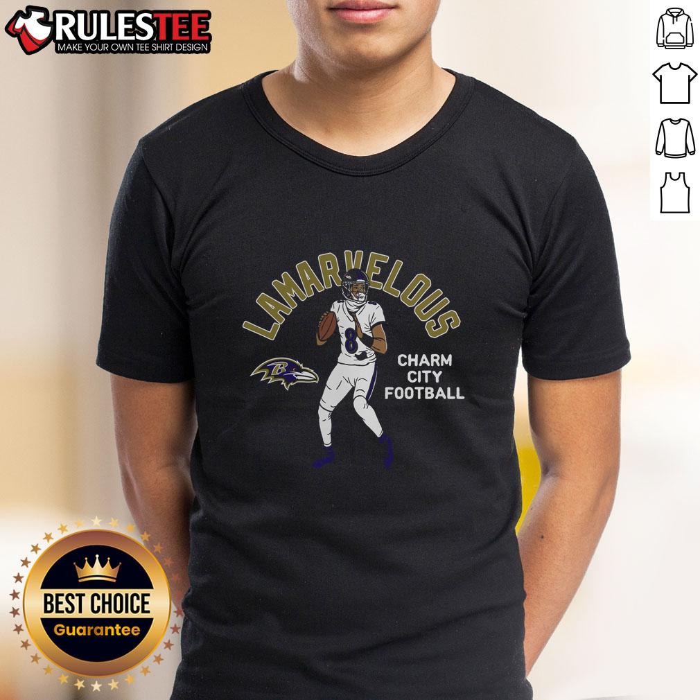 Alt Text: Hot Lamar Jackson Baltimore Ravens Player Illustrative Pack T-Shirt featuring vibrant graphics and team colors.