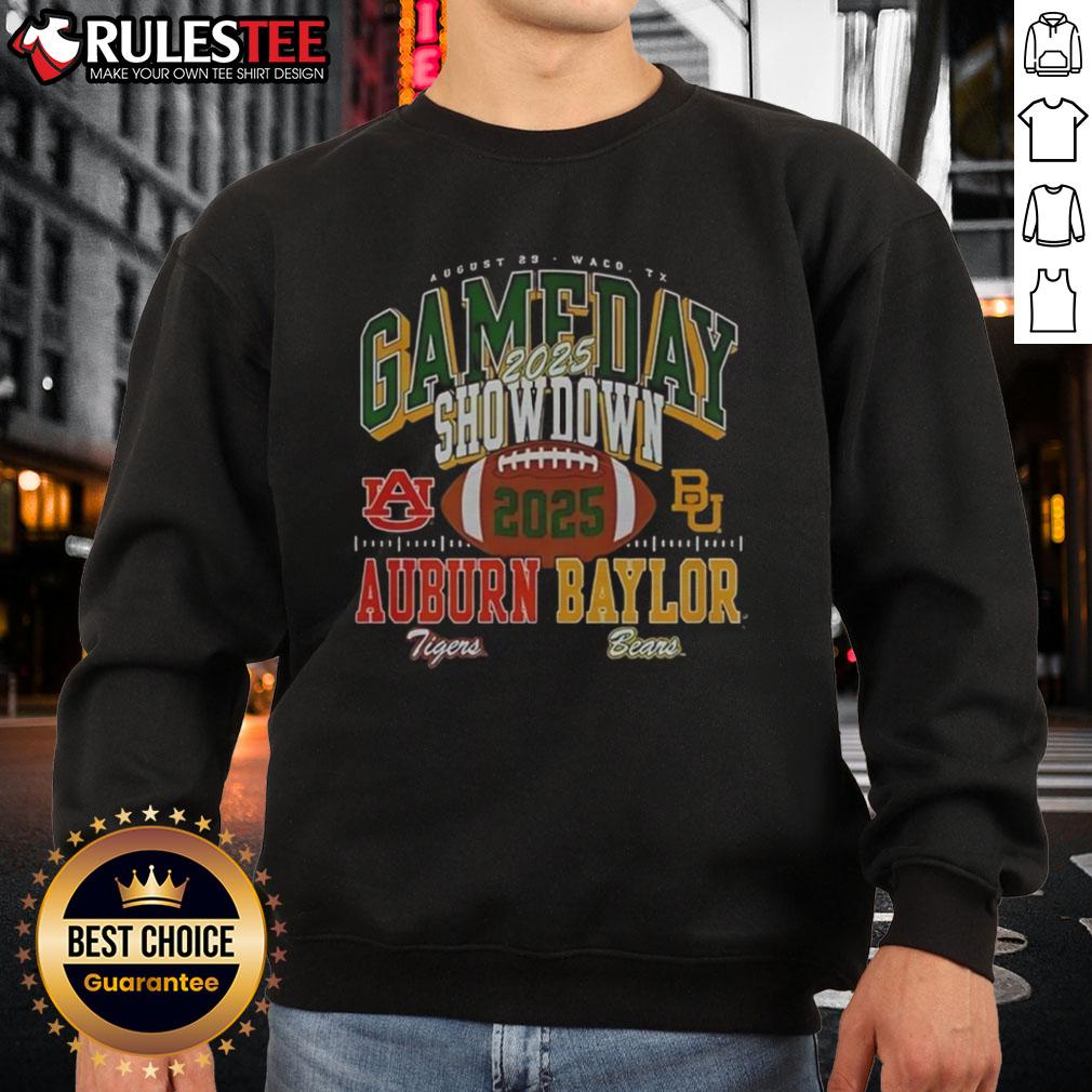 Alt Text: 2025 Gameday Showdown sweatshirt featuring Baylor Bears vs Auburn Tigers football design for fans.