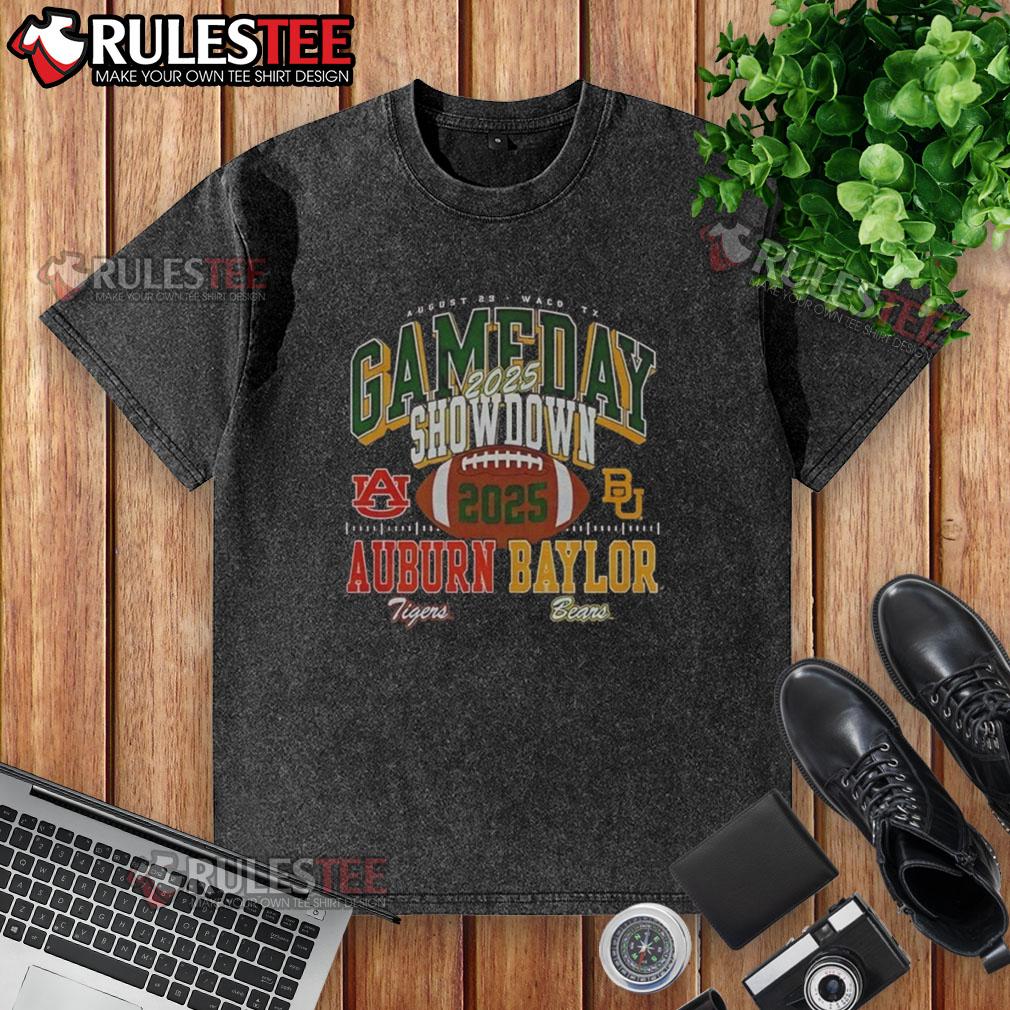 Original Baylor Bears vs Auburn Tigers 2025 Gameday Showdown football washed t-shirt featuring team logos and vibrant colors.