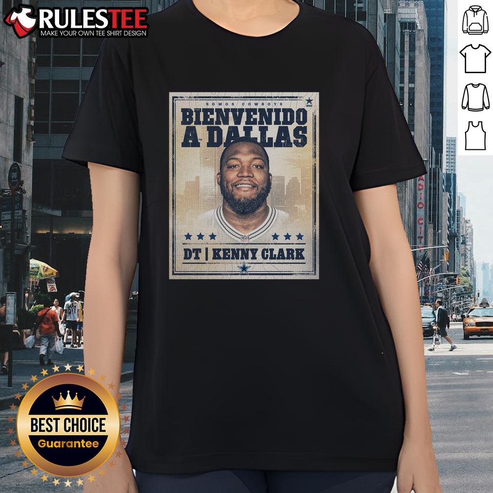 Original Kenny Clark Welcome to Dallas Cowboys graphic ladies tee featuring vibrant design and team colors.