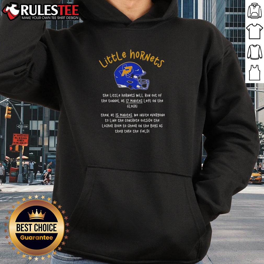 Alt Text: Original Little Hornets hoodie featuring the team running out of the tunnel at 17 minutes left on the clock.