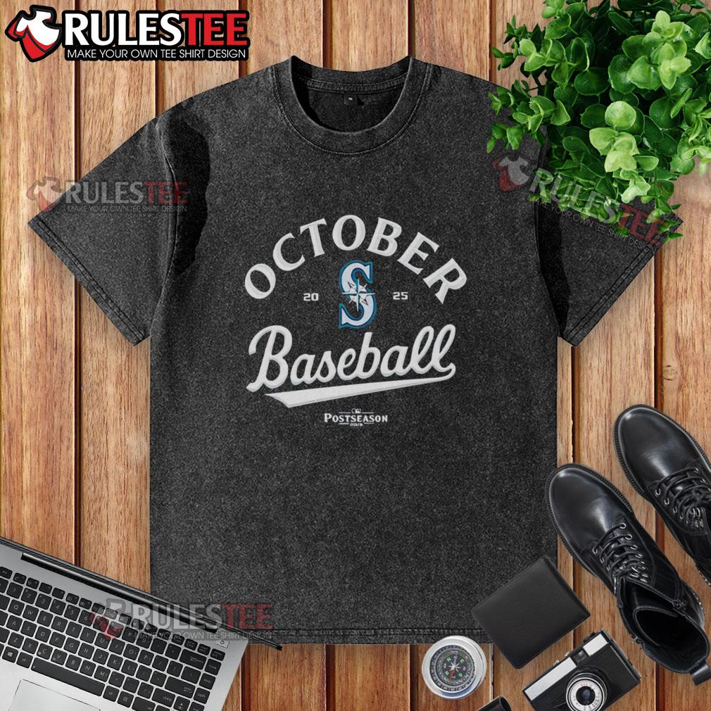 Alt Text: Premium October Baseball Seattle Mariners 2025 Postseason Washed T-Shirt in navy blue with team logo and classic design.