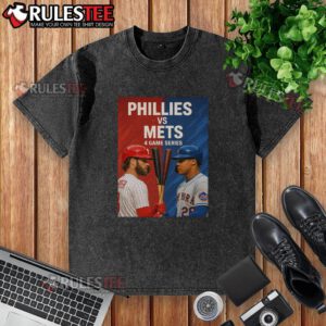 Alt Text: Top Philadelphia Phillies vs New York Mets MLB 4 Game Series washed t-shirt featuring team logos and vibrant colors.