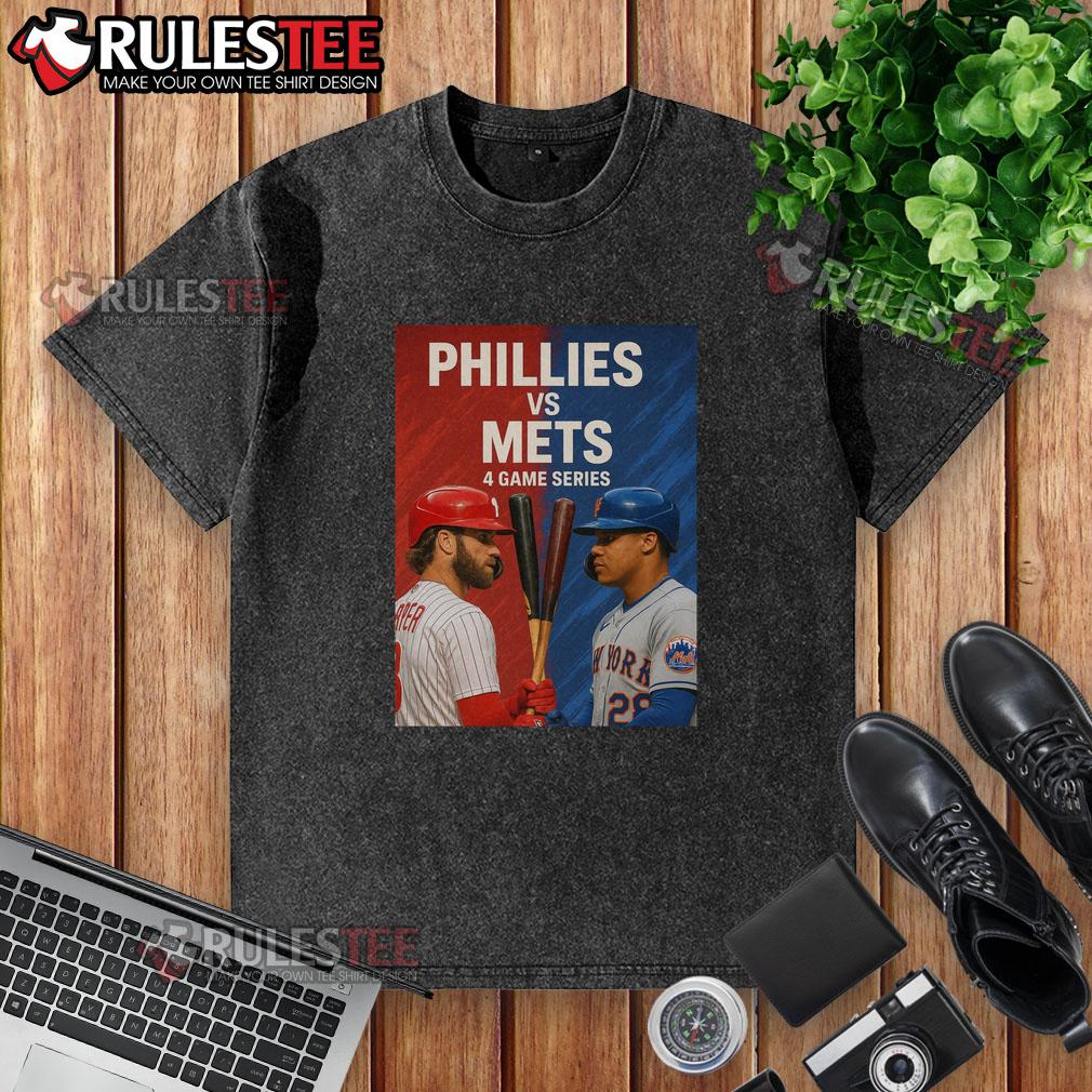 Alt Text: Top Philadelphia Phillies vs New York Mets MLB 4 Game Series washed t-shirt featuring team logos and vibrant colors.