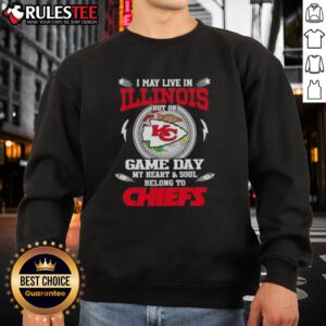 Alt Text: Kansas City Chiefs sweatshirt for game day, showing team spirit despite living in Illinois. Perfect for fans!