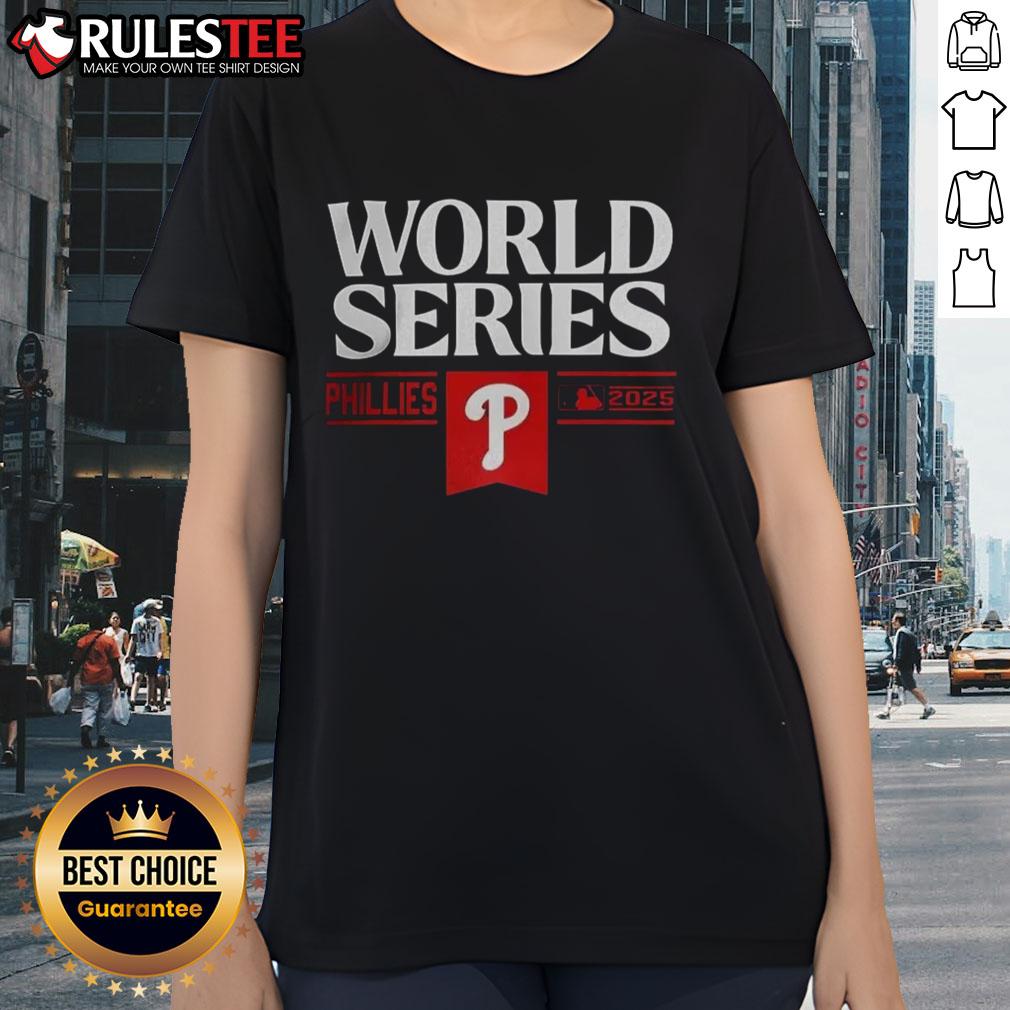 Philadelphia Phillies 2025 Ladies Tee showcasing team pride for MLB World Series fans in stylish design.