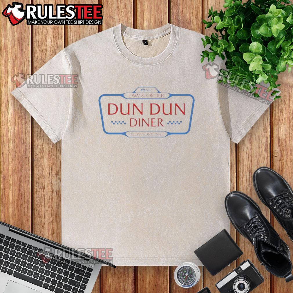 Alt Text: Nice Law and Order Dun Dun Diner logo on a washed t-shirt, perfect for fans of the iconic TV series.