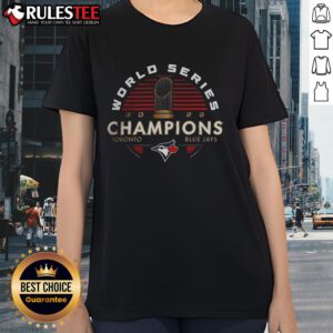 2025 World Series Champions trophy for the Toronto Blue Jays on a ladies' tee, celebrating MLB victory.