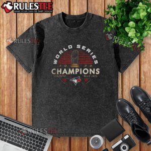 Alt Text: Toronto Blue Jays 2025 World Series Champions trophy printed on a washed T-shirt, showcasing team pride and style.