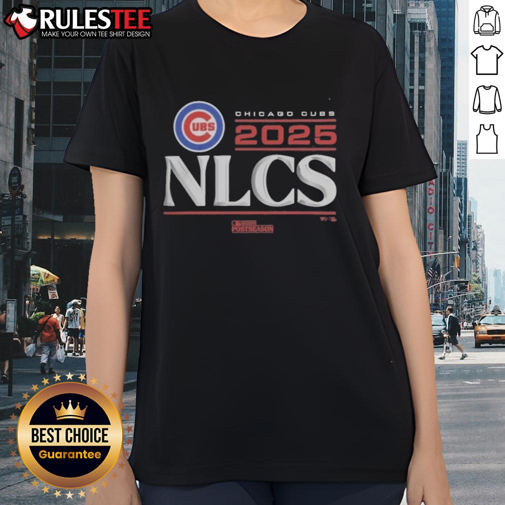 Alt Text: Chicago Cubs 2025 Division Series Winner locker room ladies tee, featuring team logo and celebratory design.