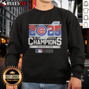 Official Chicago Cubs 2025 NL Division Series Champions sweatshirt featuring team logo and championship graphics.