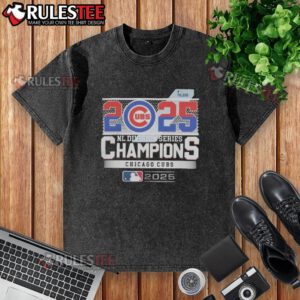 Alt Text: Official Chicago Cubs 2025 NL Division Series Champions washed t-shirt in blue, featuring team logo and celebratory design.
