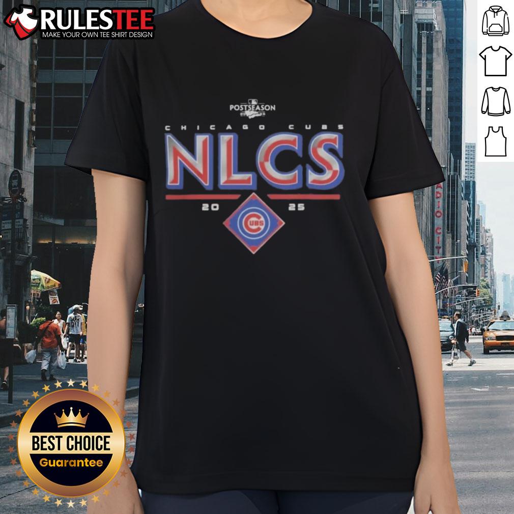 Alt Text: Official Chicago Cubs 2025 NLCS Division Series Winner Postseason Ladies Tee, featuring team logo and vibrant design.