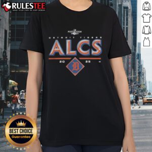 Alt Text: Official Detroit Tigers 2025 ALCS Division Series Winner Postseason Ladies Tee featuring team logo and design.
