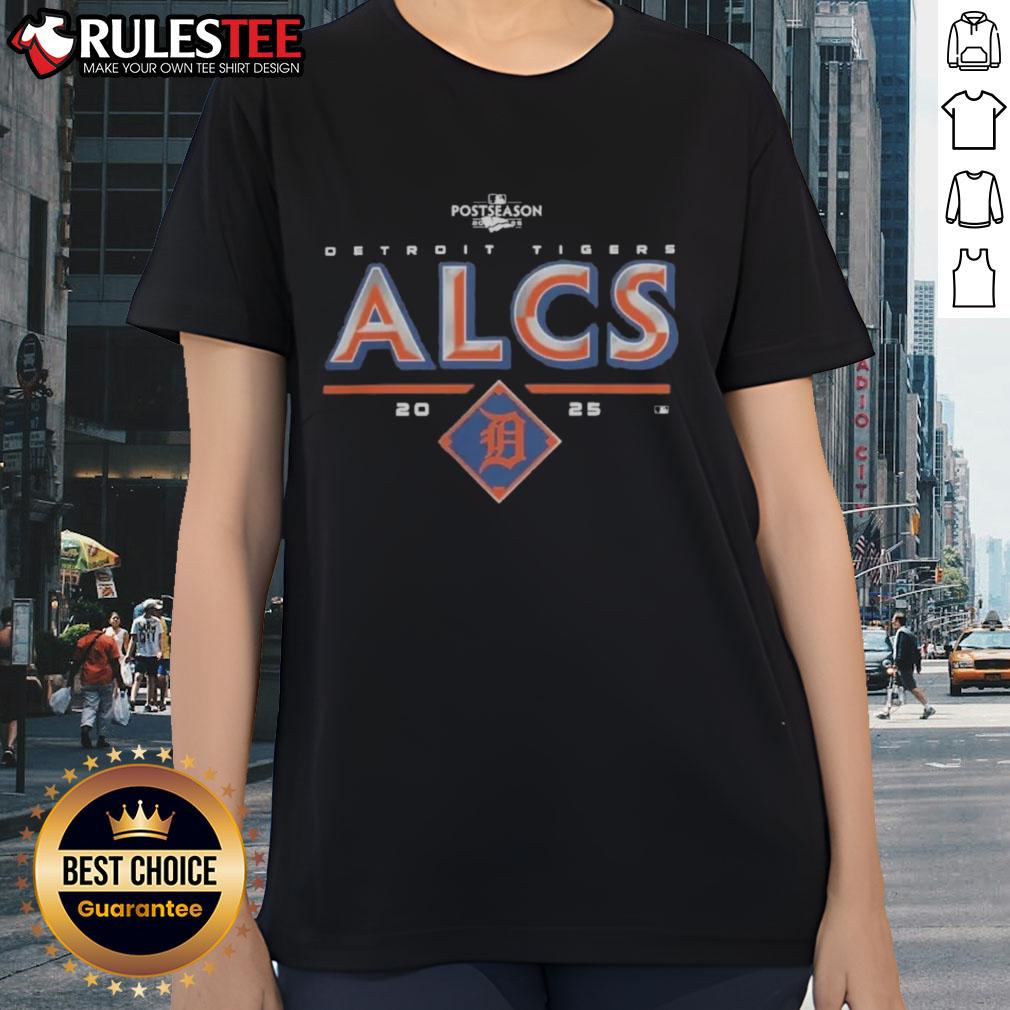 Alt Text: Official Detroit Tigers 2025 ALCS Division Series Winner Postseason Ladies Tee featuring team logo and design.