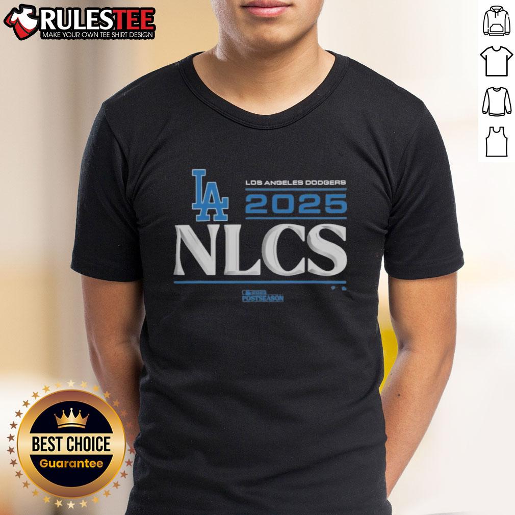 Alt Text: Official Los Angeles Dodgers 2025 Division Series Winner Locker Room T-Shirt displayed on a hanger, featuring team logo and colors.