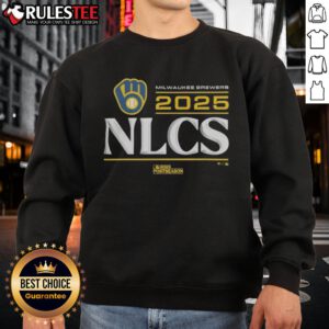 Official Milwaukee Brewers 2025 Division Series Winner locker room sweatshirt displayed on a hanger.