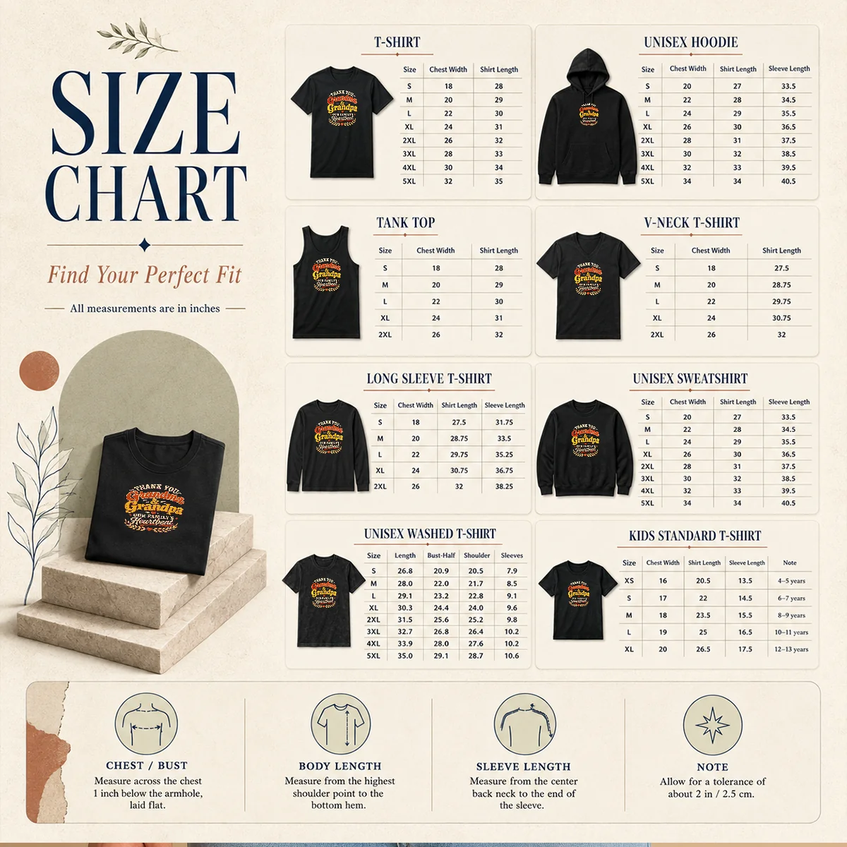 Awesome Grandparents Day Family Love Vintage Grandchildren Size Chart Size chart for Awesome Grandparents Day Family Love Vintage Grandchildren with measurements in inches and cm