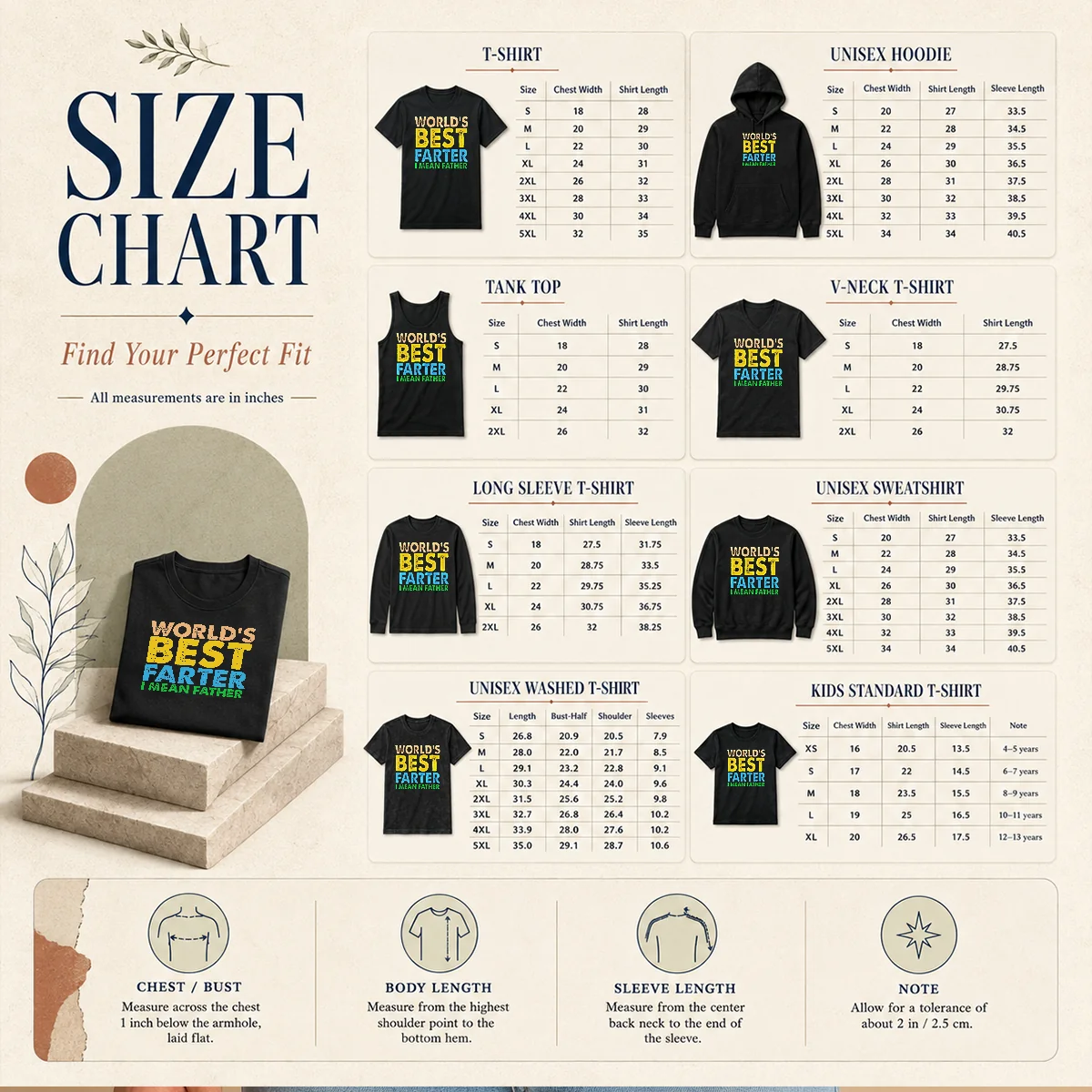 Top World'S Best Farter Funny Humor Dad Fathers Day Size Chart Size chart for Top World'S Best Farter Funny Humor Dad Fathers Day with measurements in inches and cm