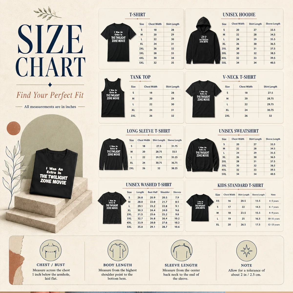 Good I Was An Extra In The Twilight Zone Movie Size Chart Size chart for Good I Was An Extra In The Twilight Zone Movie with measurements in inches and cm to help choose the right fit