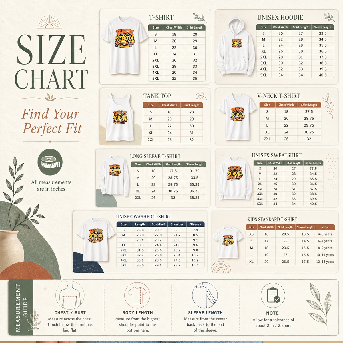 Size chart for Happy Pretty Back To School Vintage Typography For Proud Students with measurements in inches and cm to help choose the right fit
