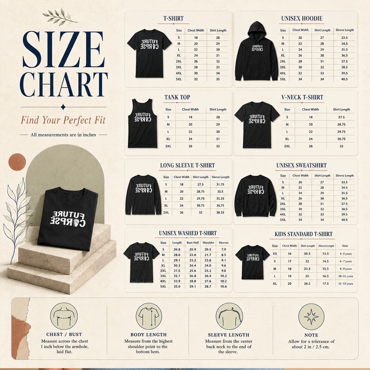 Official Distressed Future Corpse With Coffin Size Chart Size chart for Official Distressed Future Corpse With Coffin with measurements in inches and cm to help choose the right fit