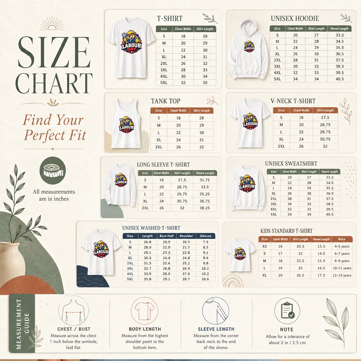 Original Awesome Beaver Mascot Labour Day Thumbs Up Wrench Size Chart Size chart for Original Awesome Beaver Mascot Labour Day Thumbs Up Wrench with measurements in inches and cm to help choose the right fit