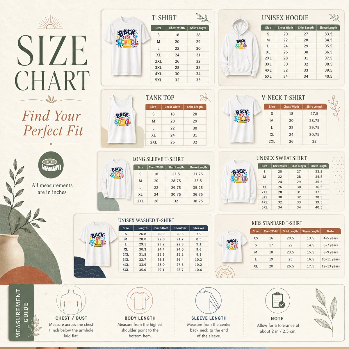 Premium Bold Modern Back To School Orange Circle Size Chart Size chart for Premium Bold Modern Back To School Orange Circle with measurements in inches and cm to help choose the right fit