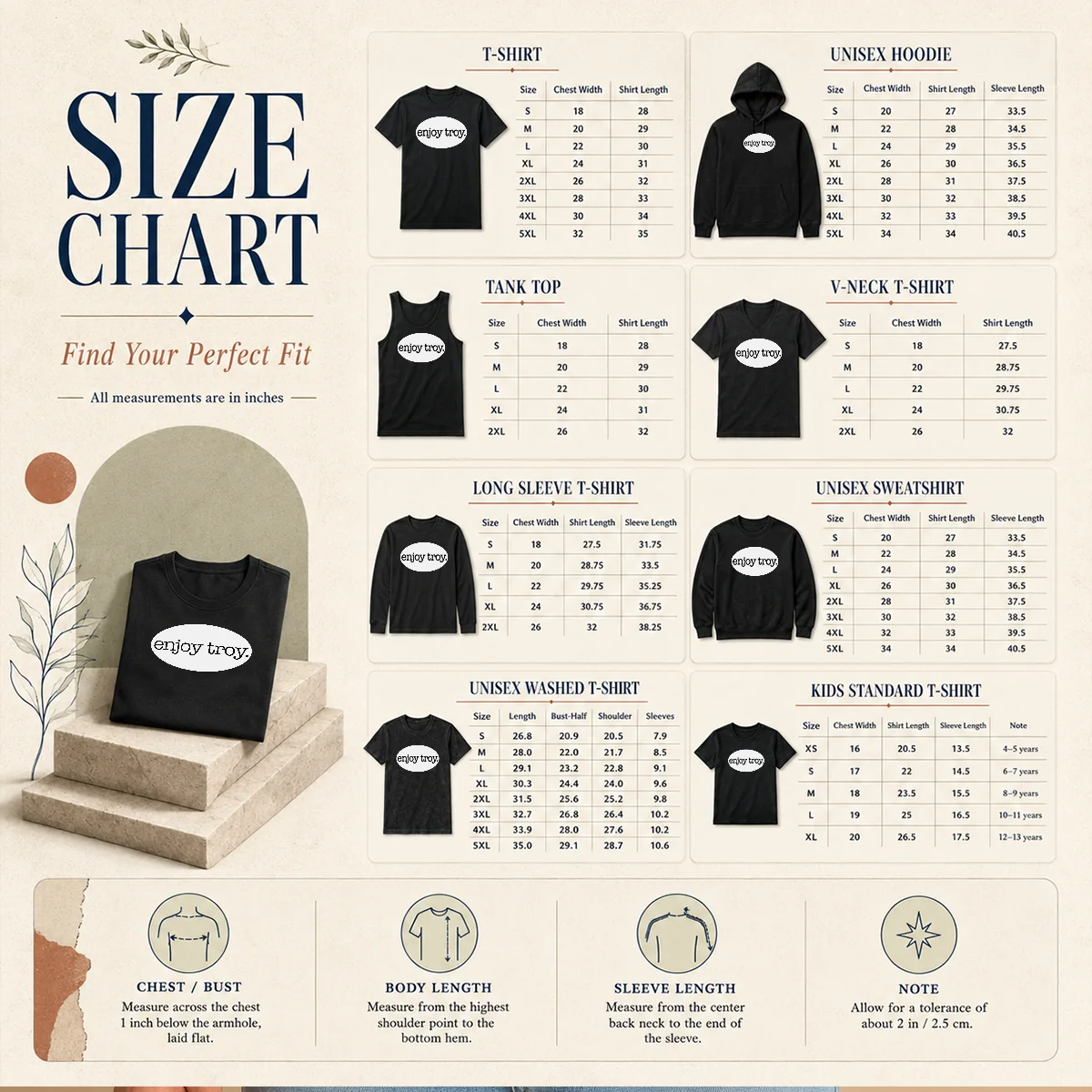 Premium Enjoy Troy City New York Local Size Chart Size chart for Premium Enjoy Troy City New York Local with measurements in inches and cm to help choose the right fit