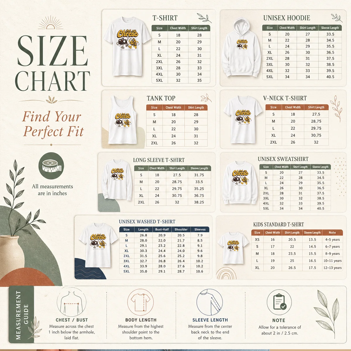 Top Camera Just Say Cheese Your Face Deserves A Filter Anyway Size Chart Size chart for Top Camera Just Say Cheese Your Face Deserves A Filter Anyway with measurements in inches and cm to help choose the right fit